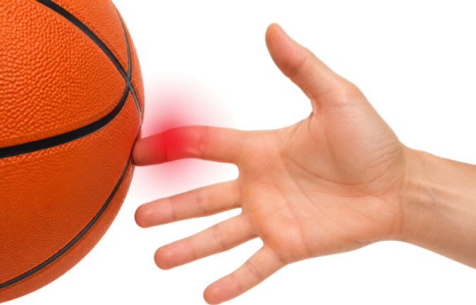 finger in pain being hit by basketball playing sport